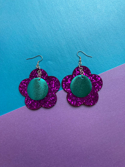 Magenta Disco Flower Earrings image 1