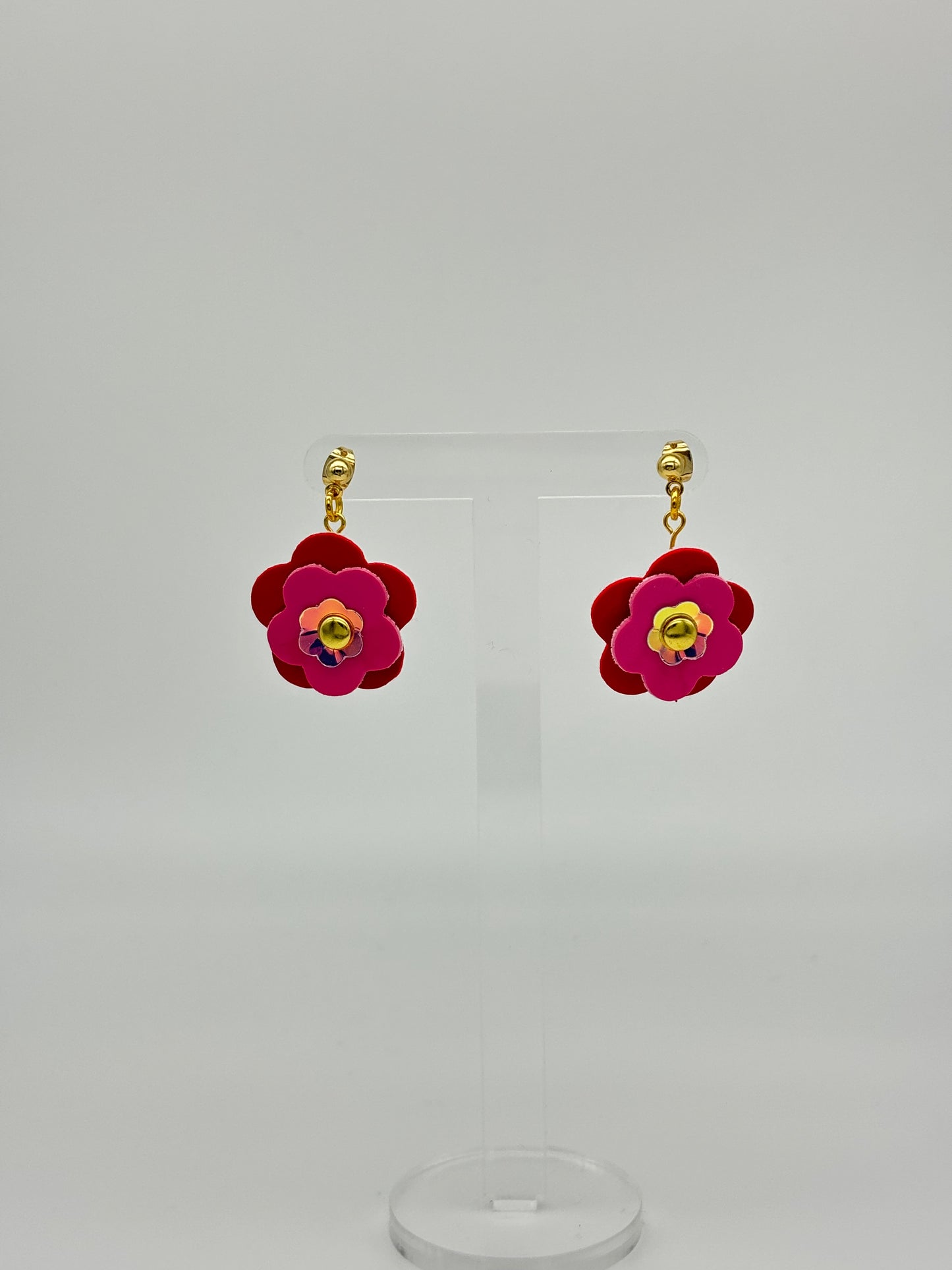 Mini Punk Flower Earrings - Red & Pink image 1