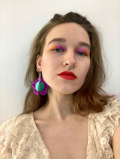 Disco Flower Magenta Large Statement Earrings image 6