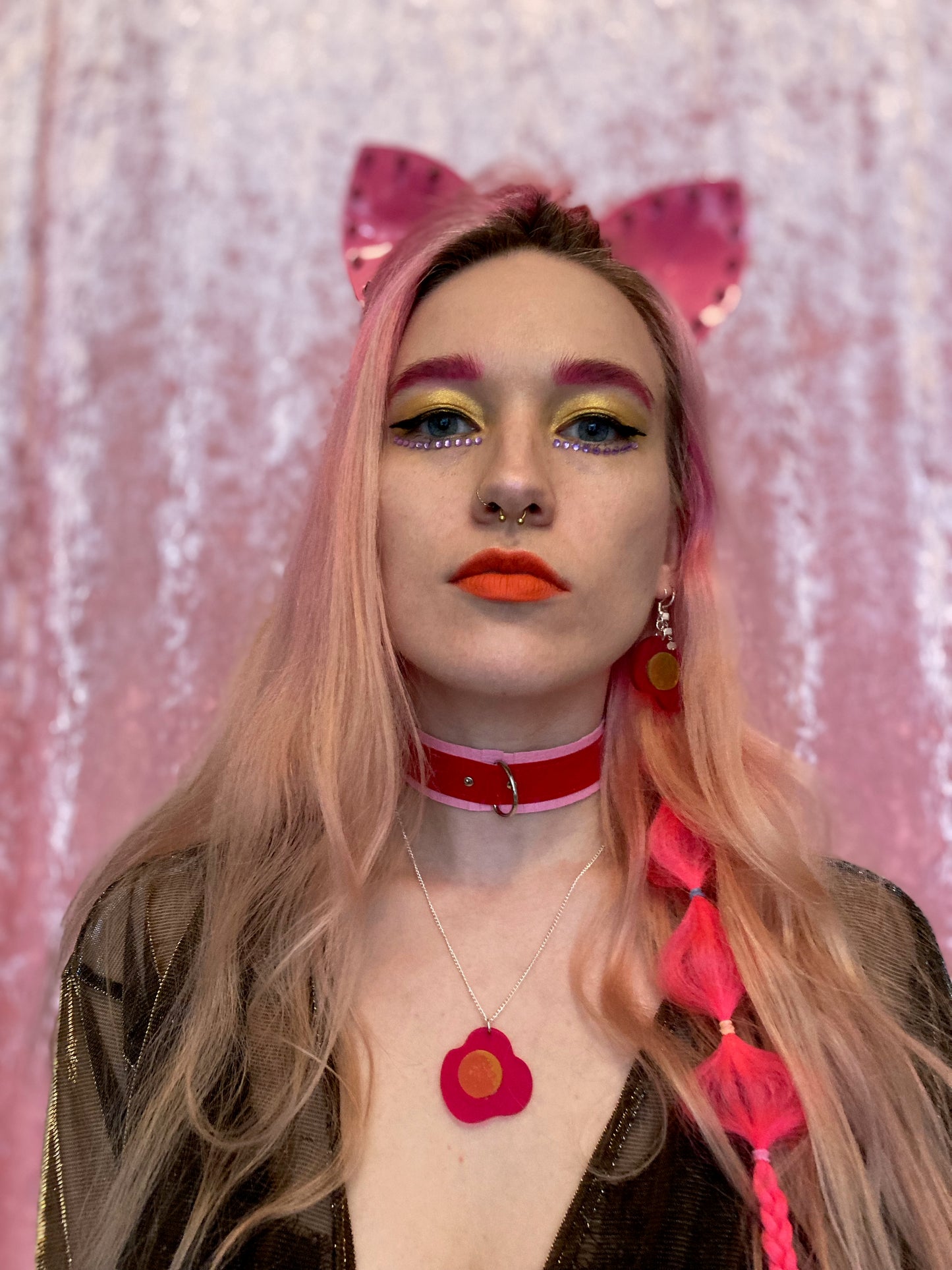Fringed PVC choker - Baby Pink & Red image 7