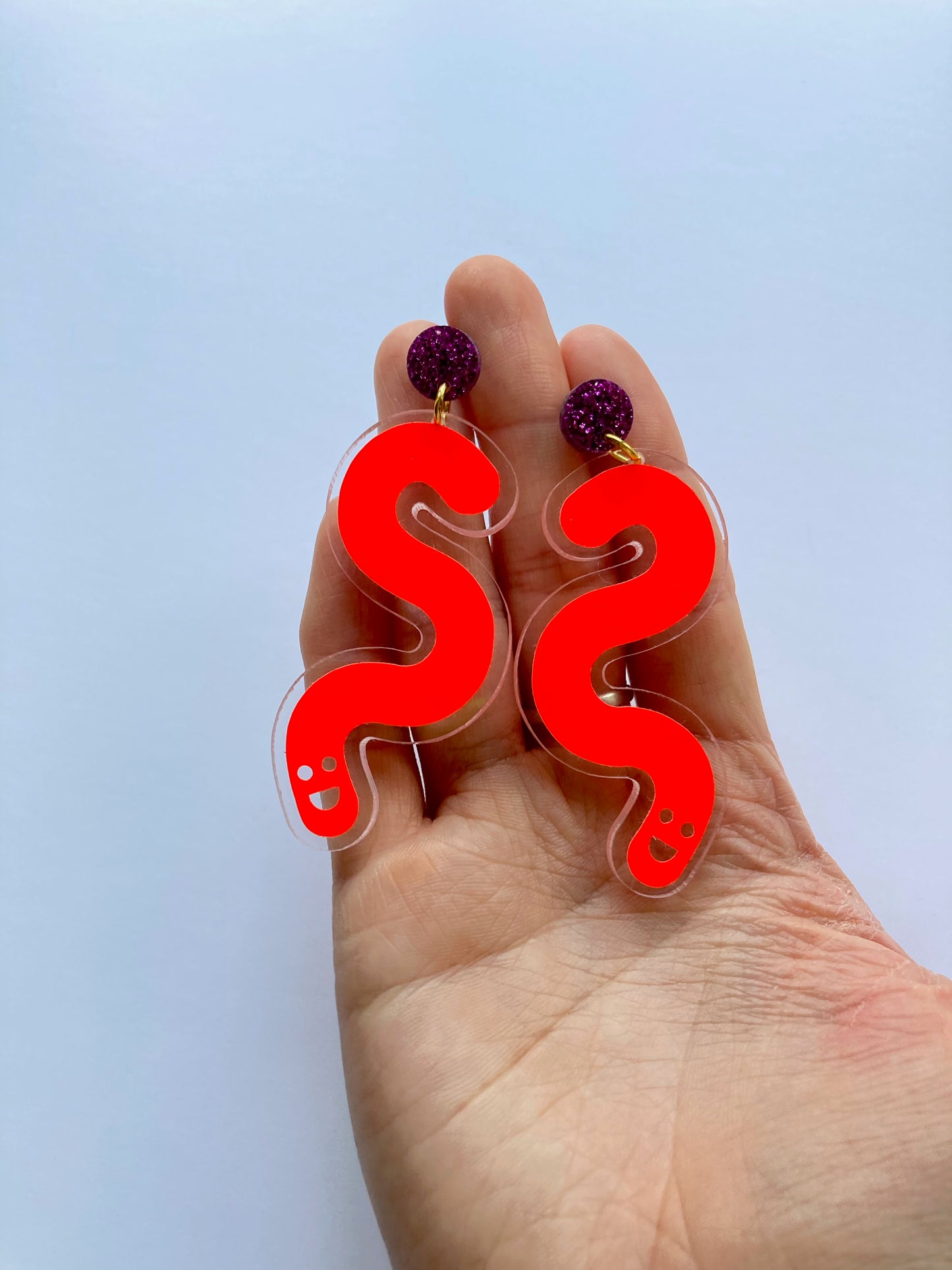 Vinyl Worm Glitter Stud Dangle Earrings - Magenta & Orange image 4