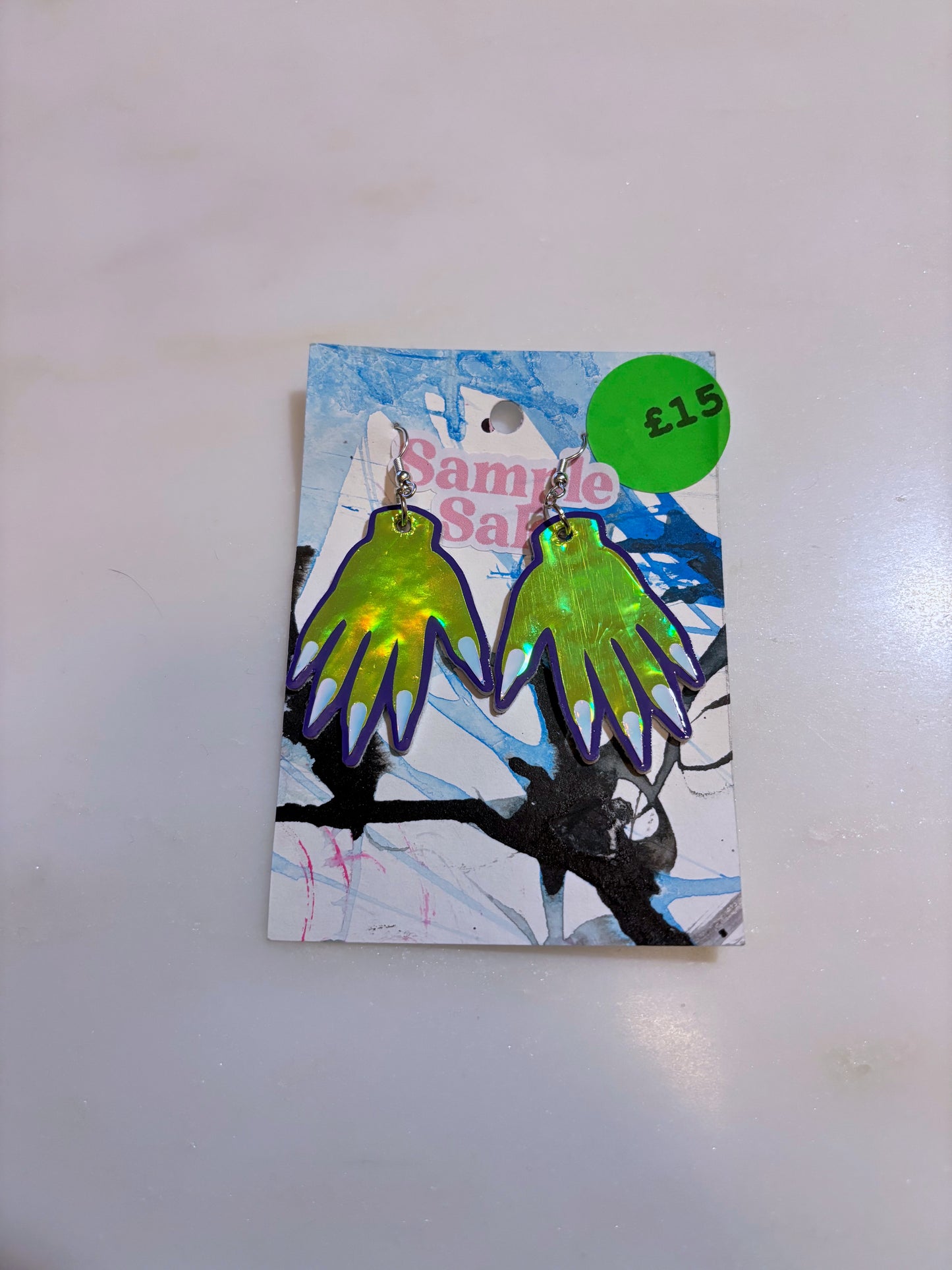 *Seconds* Sparkly Hand Earrings - Green Holo  & Purple image 2