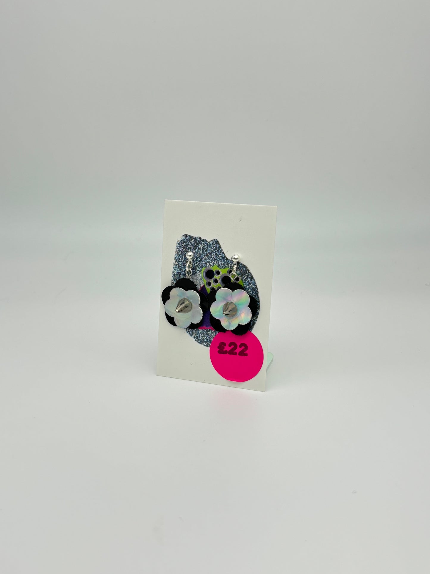 Mini Punk Flower Earrings - Black & Silver Holo, Silver Spikes image 2