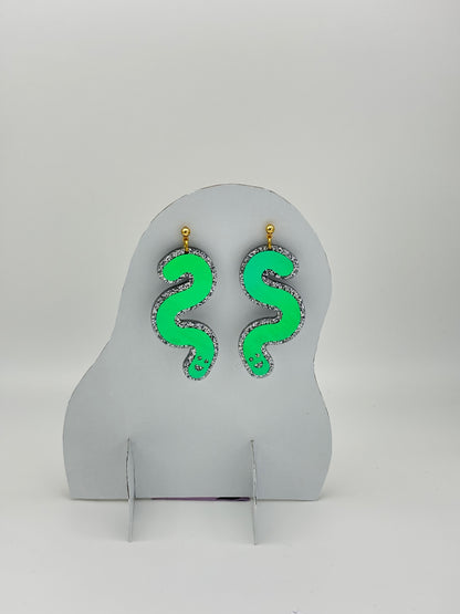 Glitter & Vinyl Worm Ball Stud Dangle Earrings - Jungle Cobalt image 0