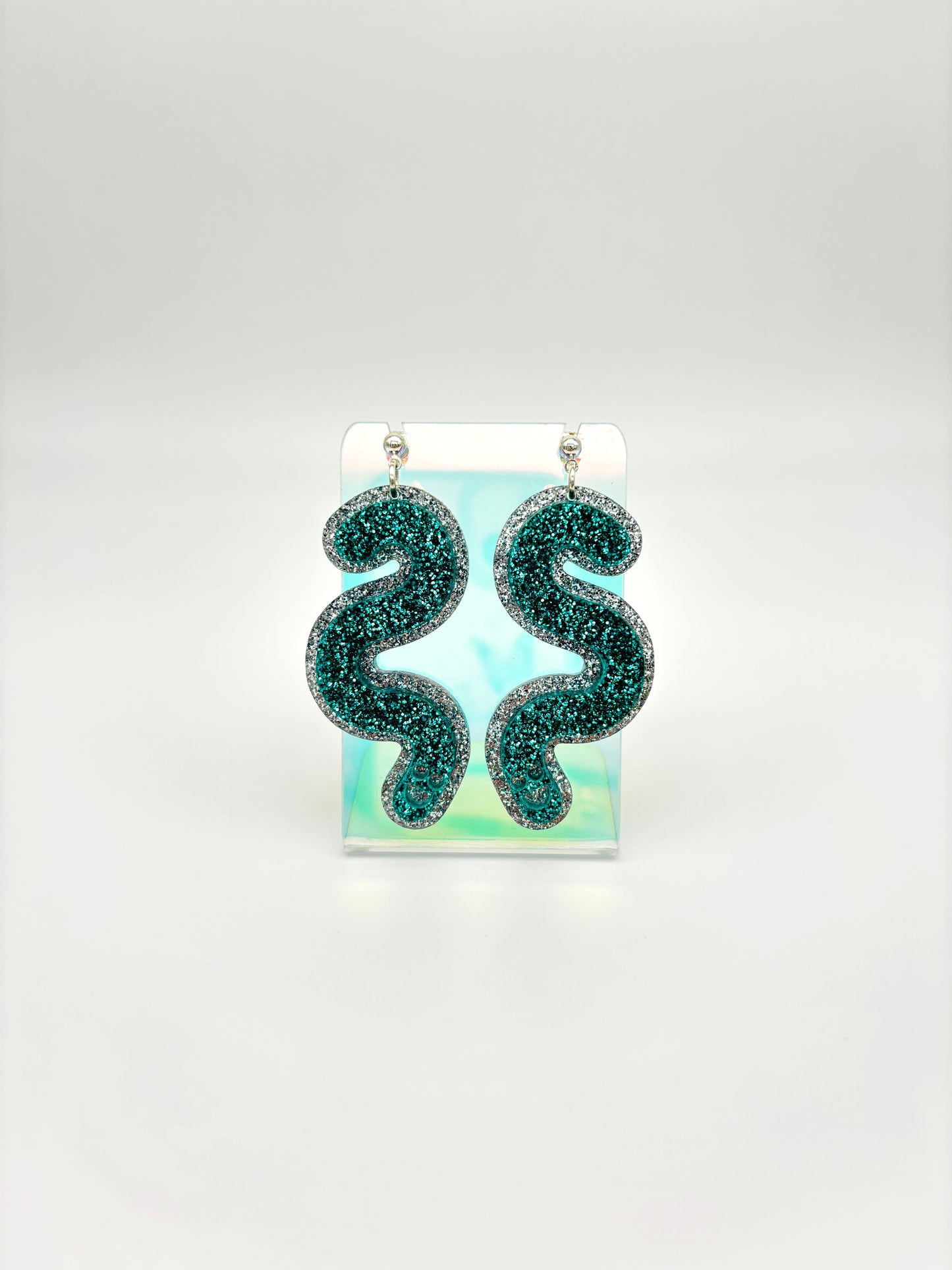 Layered Silver & Teal Glitter Acrylic Worm Ball Stud Earrings image 4