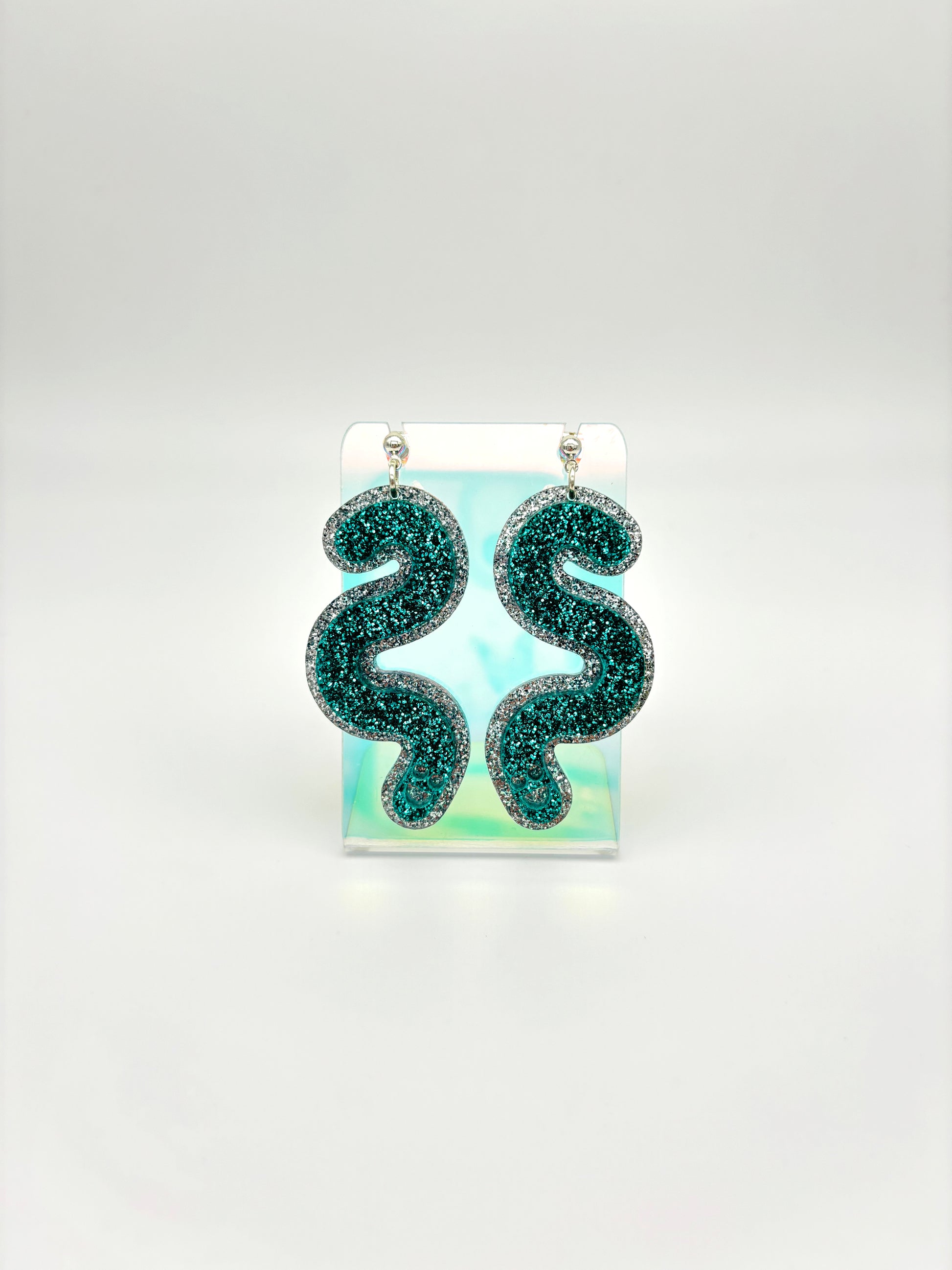 Layered Silver & Teal Glitter Acrylic Worm Ball Stud Earrings image 4