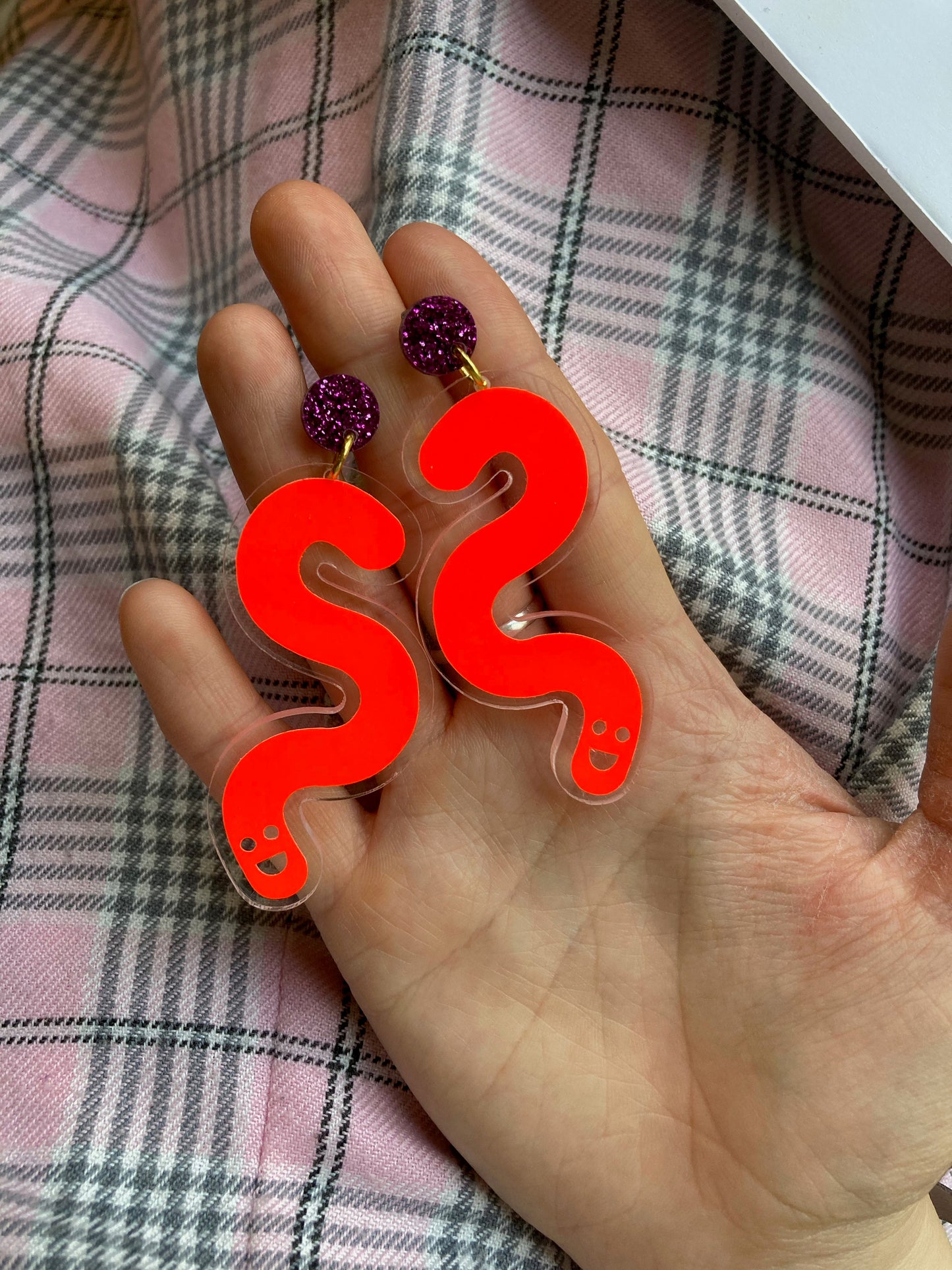 Vinyl Worm Glitter Stud Dangle Earrings - Magenta & Orange image 0