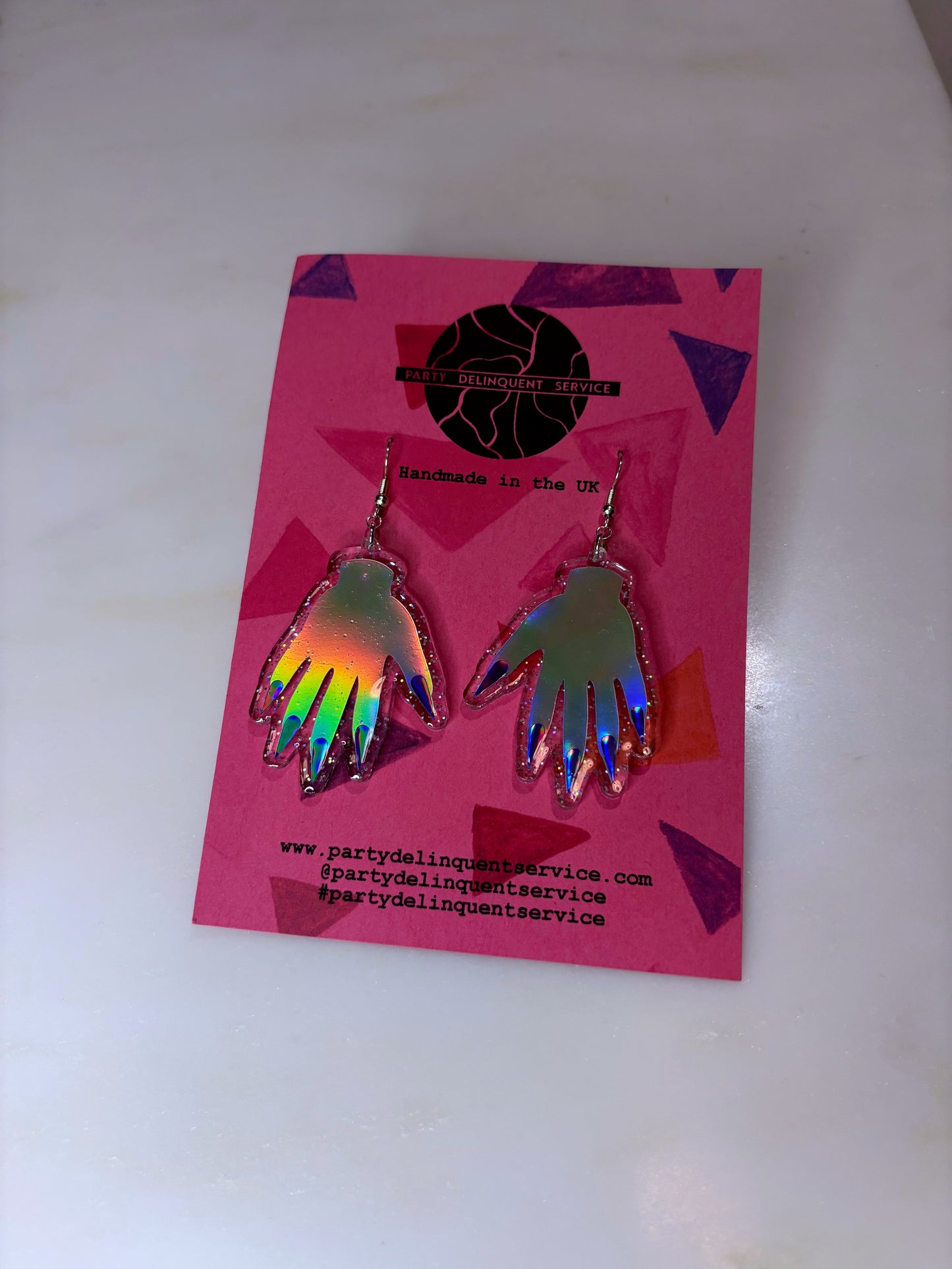*Seconds* Sparkly Hand Acrylic Earrings - Silver Holo & Clear Holo Glitter image 0