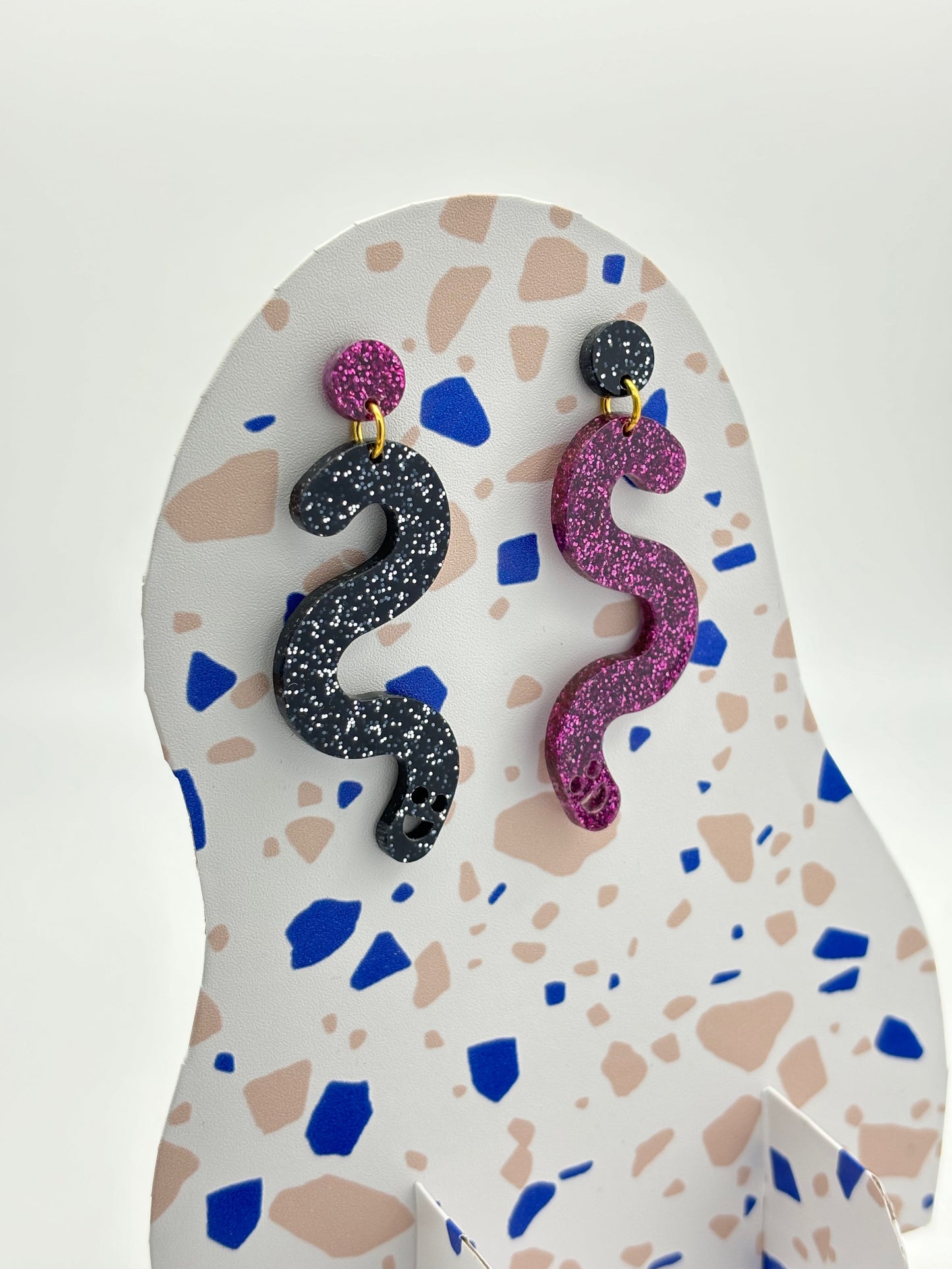 Glitter Worm Contrast Earrings - Magenta & Black image 2