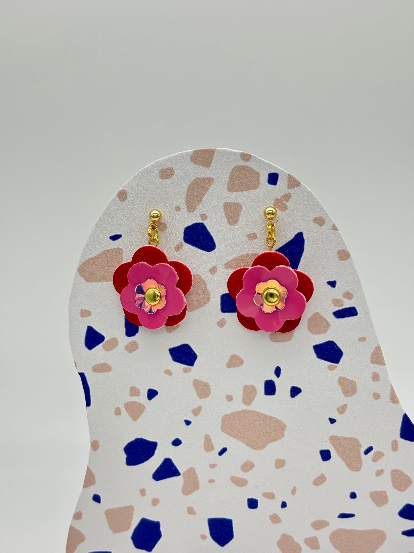 Mini Punk Flower Earrings - Red & Pink image 0