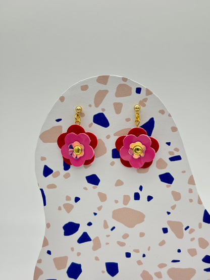 Mini Punk Flower Earrings - Red & Pink image 0