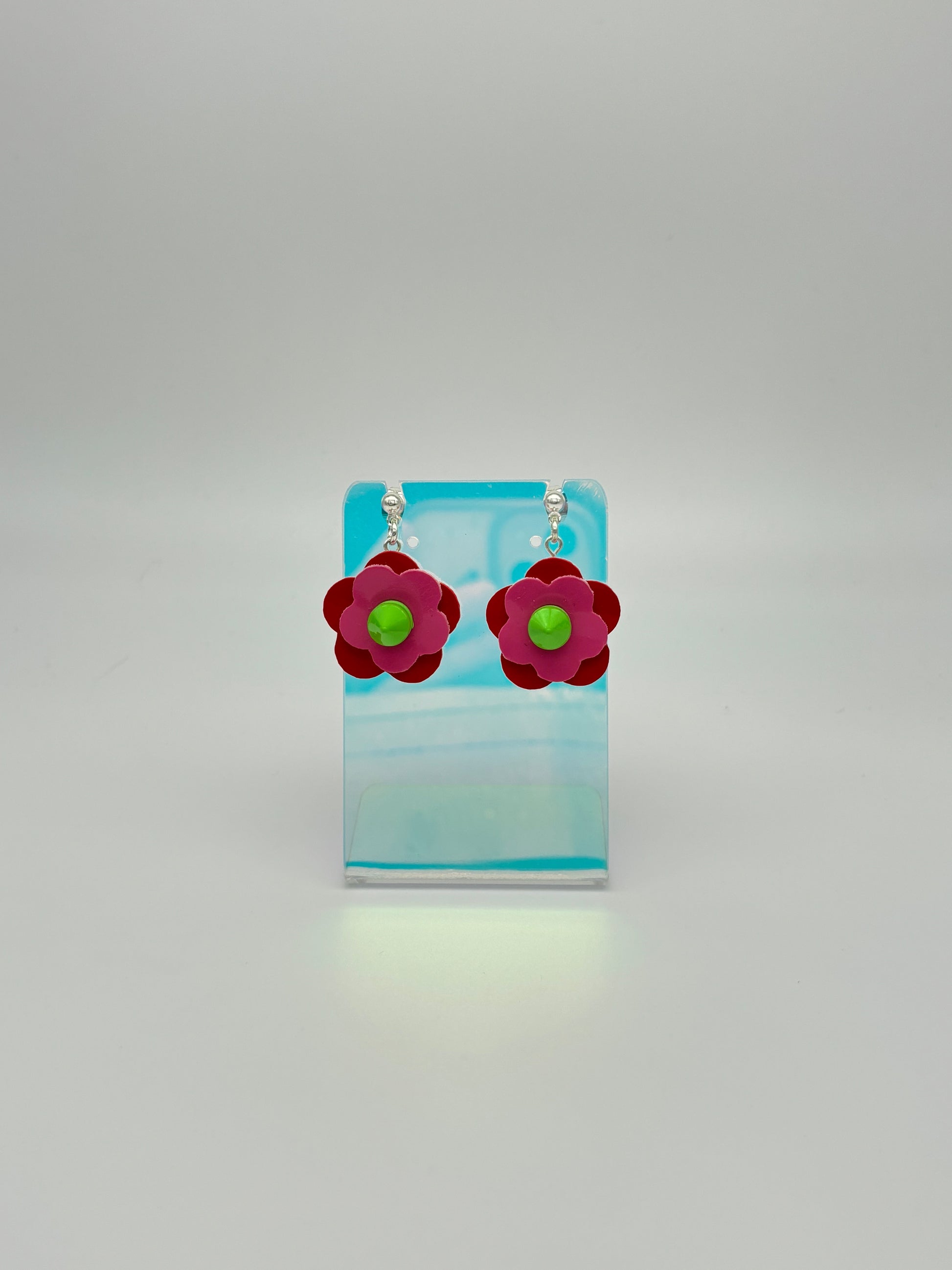 Mini Punk Flower Earrings - Red & Pink, Green Spikes image 4