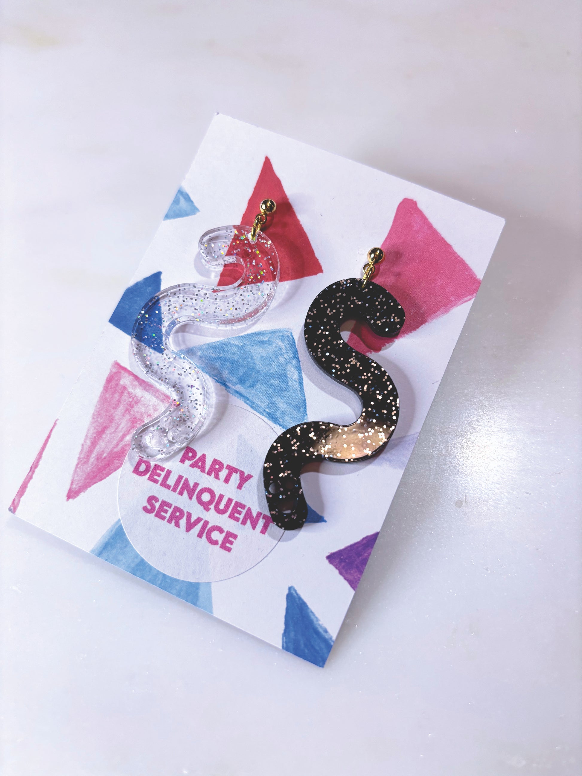 Glitter Worm Contrast Earrings - Black & Clear Holo Glitter image 3