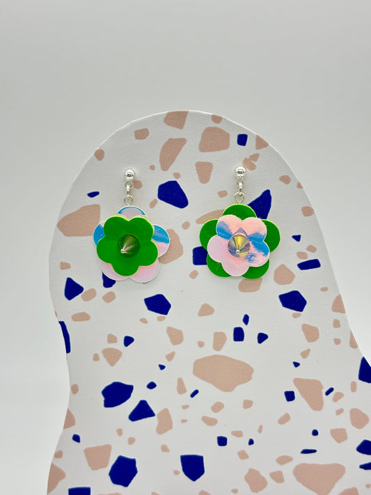 Mini Punk Flower Earrings - Green & Iridescent, Silver Spikes image 0