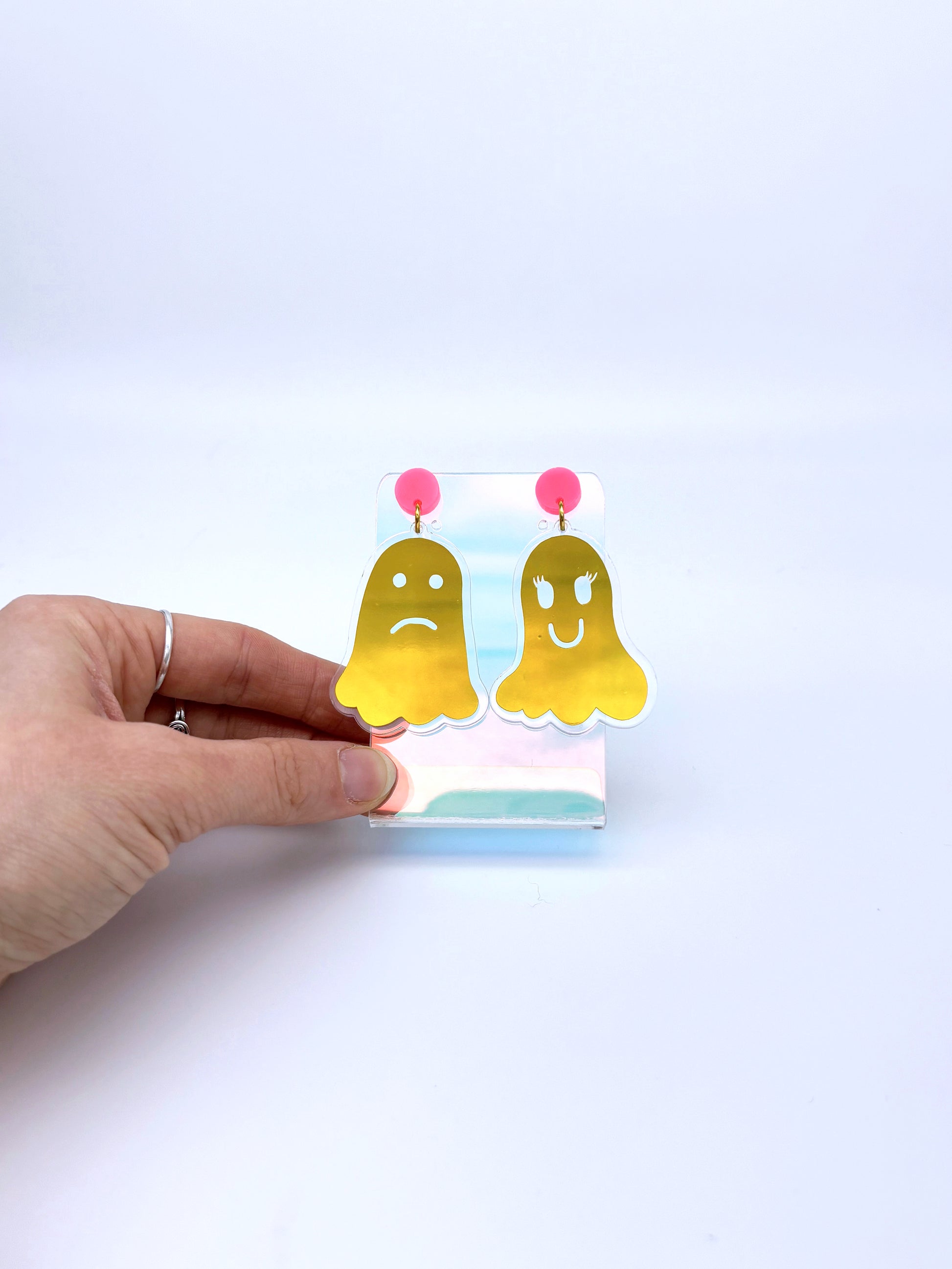 Holographic Ghost Earrings - Yellow Gold & Hot Pink image 1