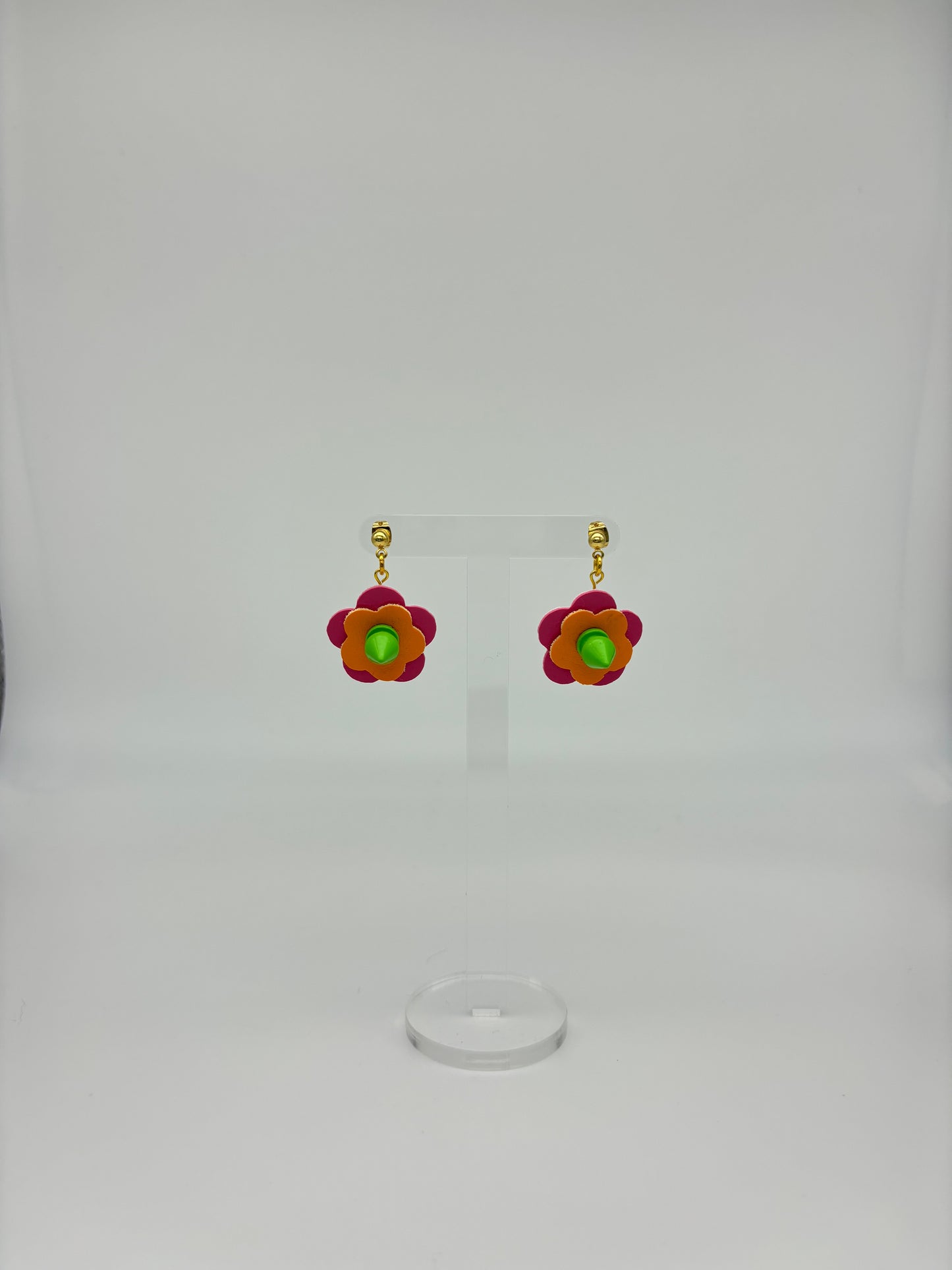 Mini Punk Flower Earrings - Pink & Orange, Green Spikes image 2