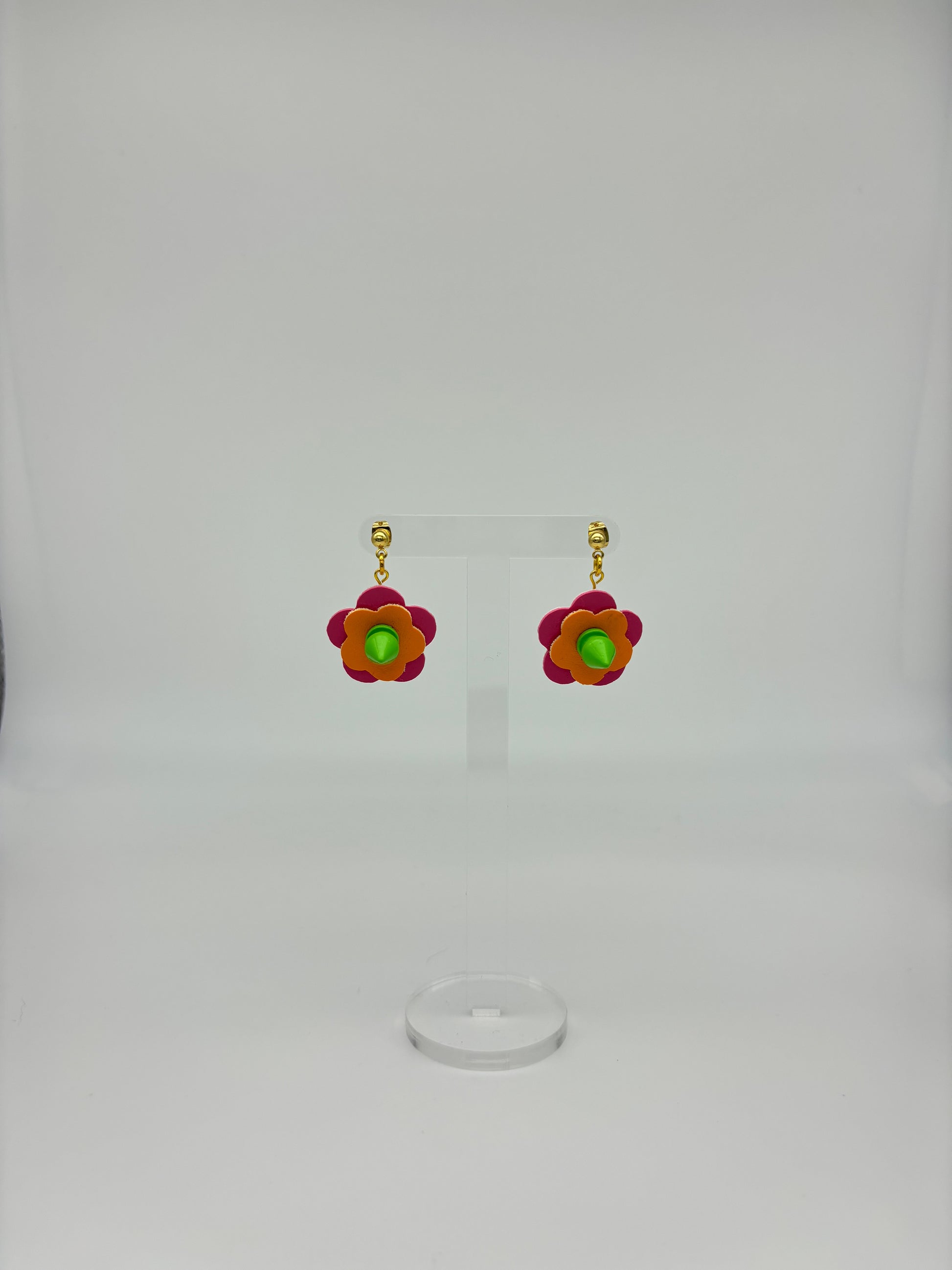 Mini Punk Flower Earrings - Pink & Orange, Green Spikes image 2