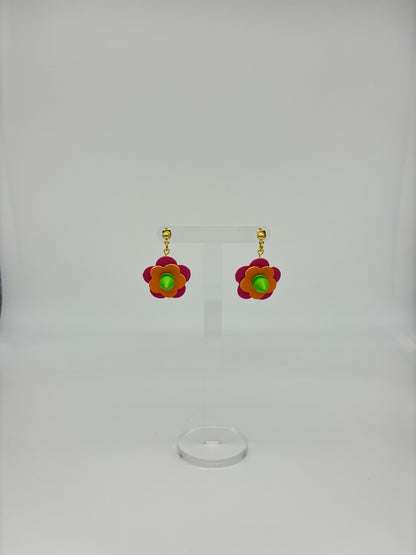 Mini Punk Flower Earrings - Pink & Orange, Green Spikes image 2