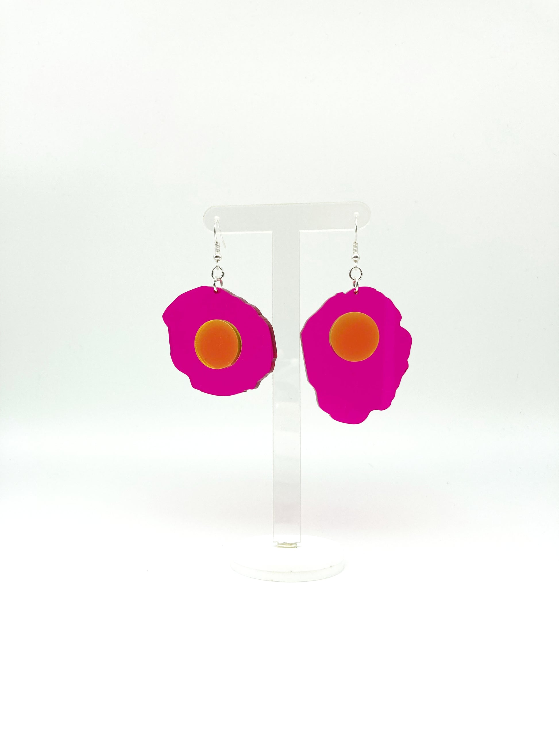 Neon Fluorescent Fried Egg Earrings - Big Pink Wiggly Eggs image 6