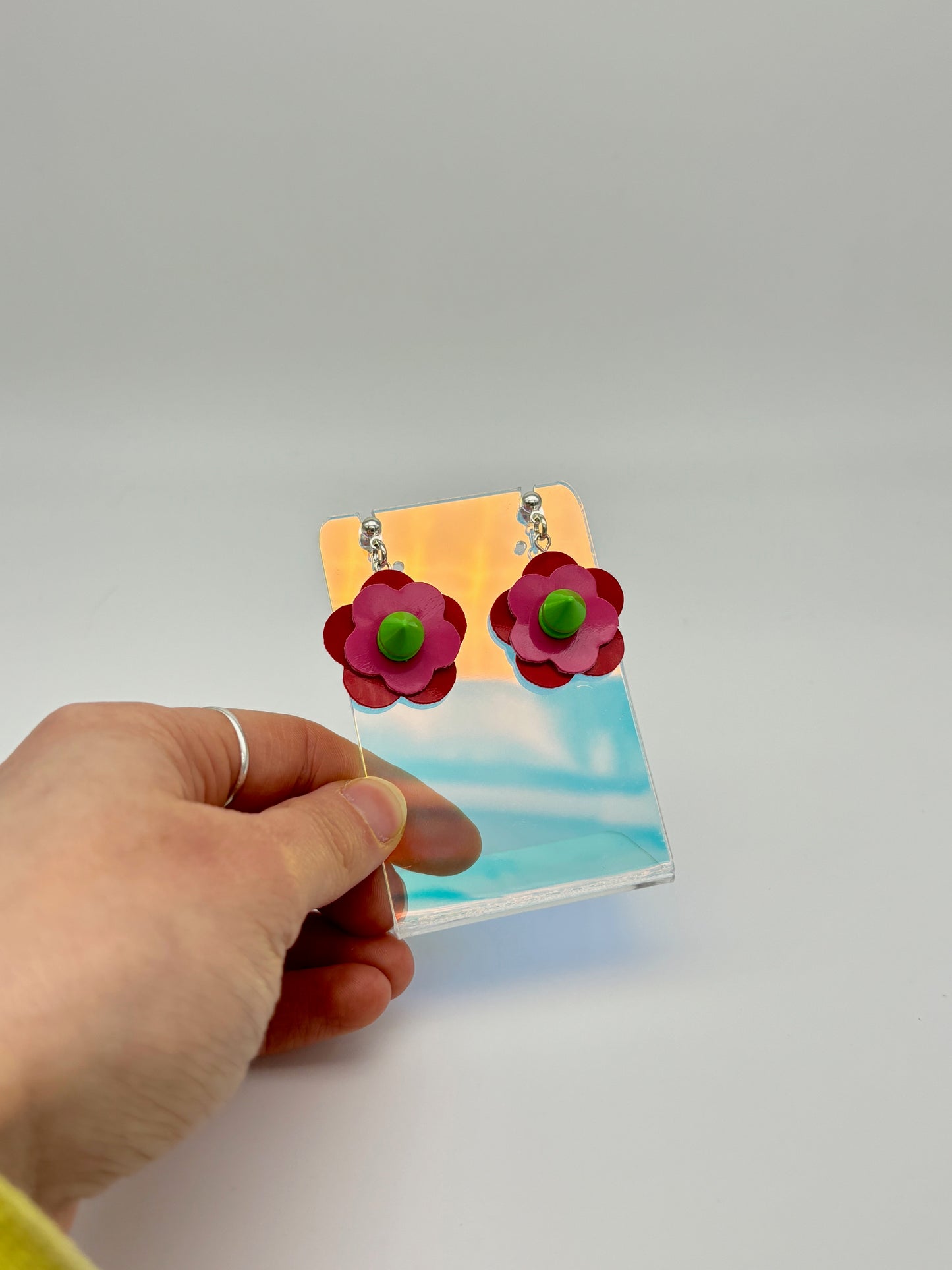 Mini Punk Flower Earrings - Red & Pink, Green Spikes image 5