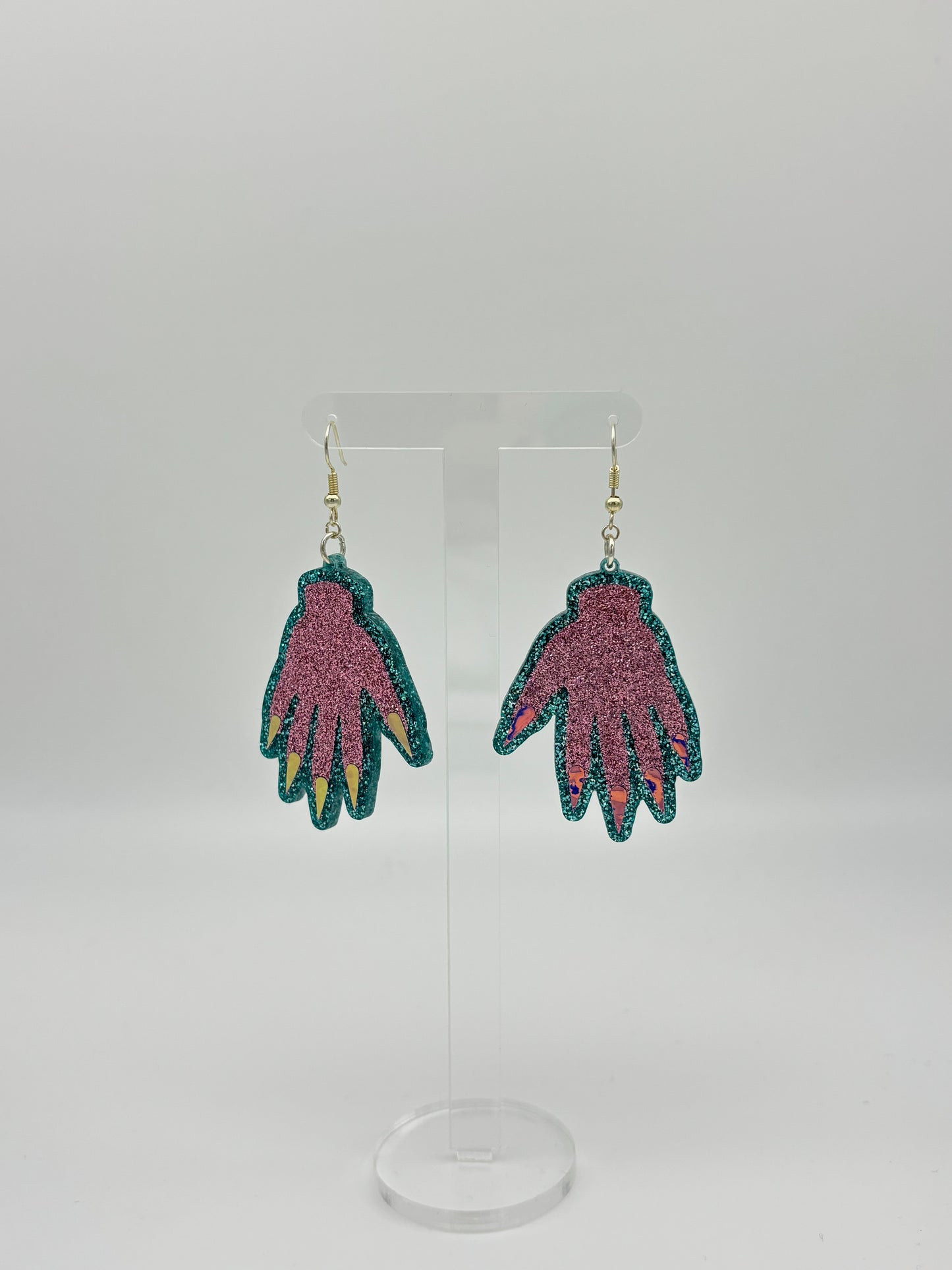 Sparkly Hand Acrylic Earrings - Pink & Teal Glitter