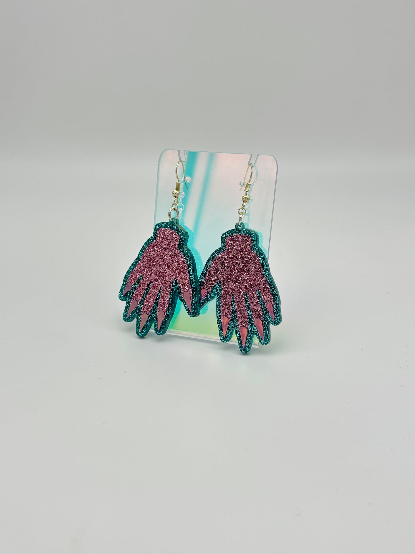 Sparkly Hand Acrylic Earrings - Pink & Teal Glitter