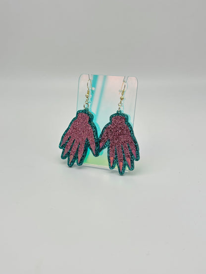 Sparkly Hand Acrylic Earrings - Pink & Teal Glitter