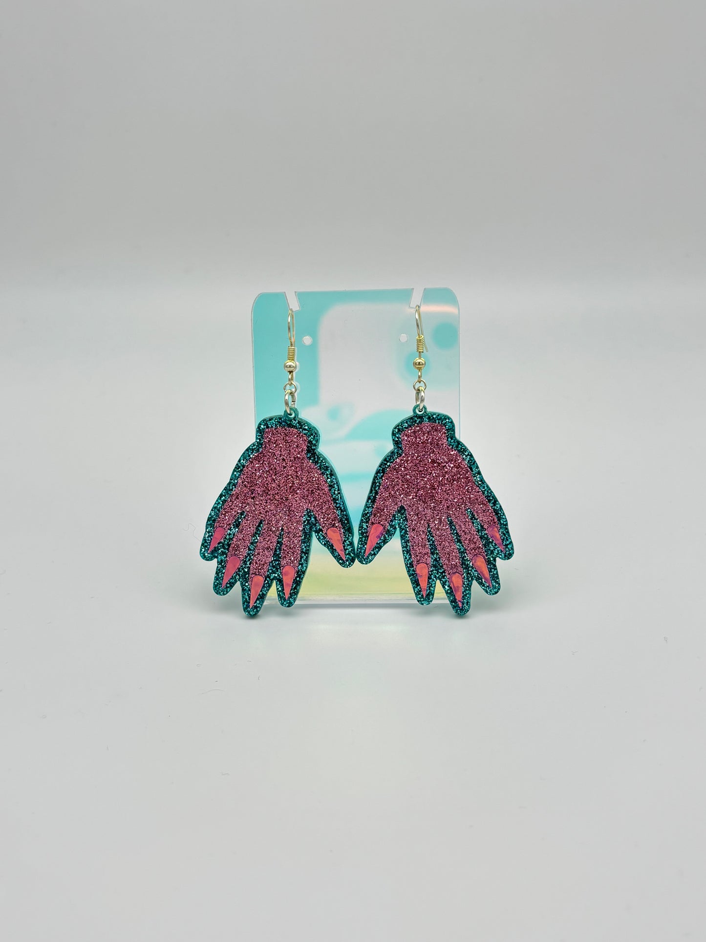 Sparkly Hand Acrylic Earrings - Pink & Teal Glitter