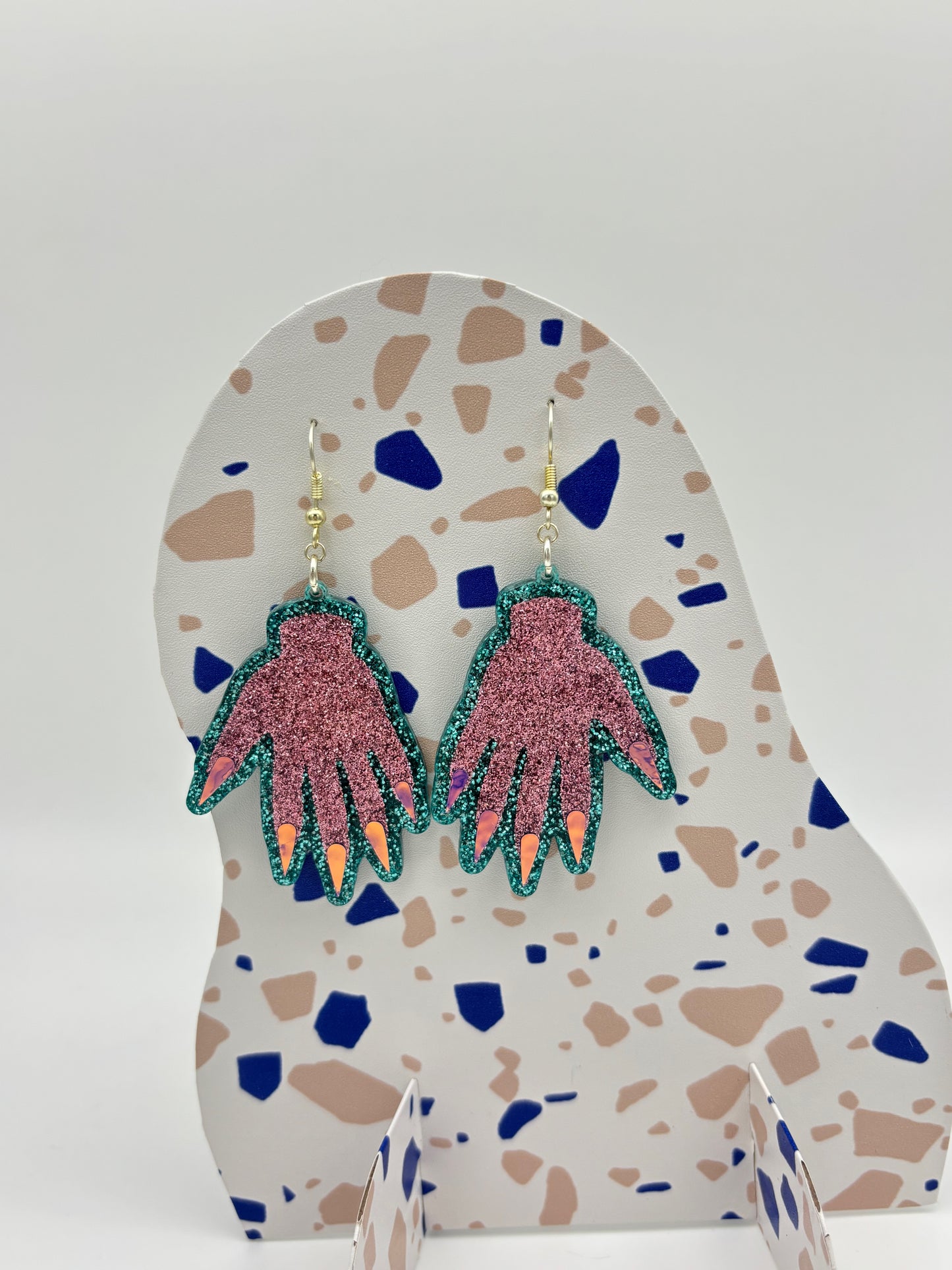 Sparkly Hand Acrylic Earrings - Pink & Teal Glitter