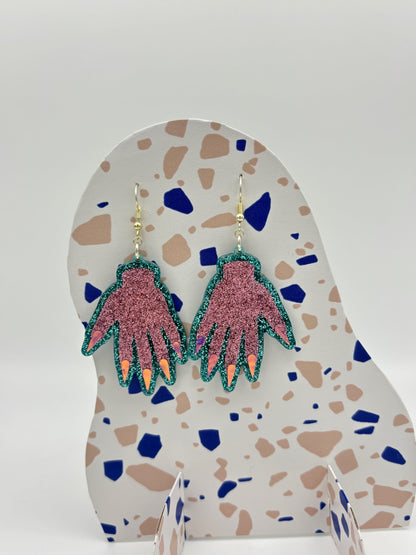 Sparkly Hand Acrylic Earrings - Pink & Teal Glitter