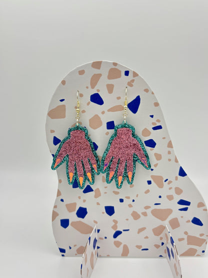 Sparkly Hand Acrylic Earrings - Pink & Teal Glitter