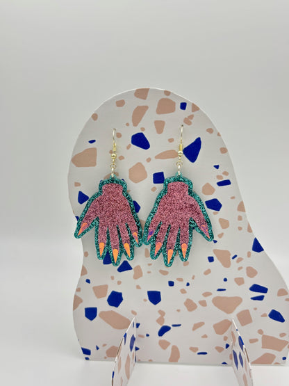 Sparkly Hand Acrylic Earrings - Pink & Teal Glitter