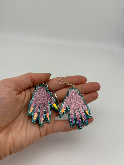Sparkly Hand Acrylic Earrings - Pink & Teal Glitter