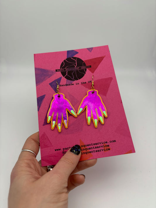 Sparkly Hand Earrings - Magenta Holo & Orange