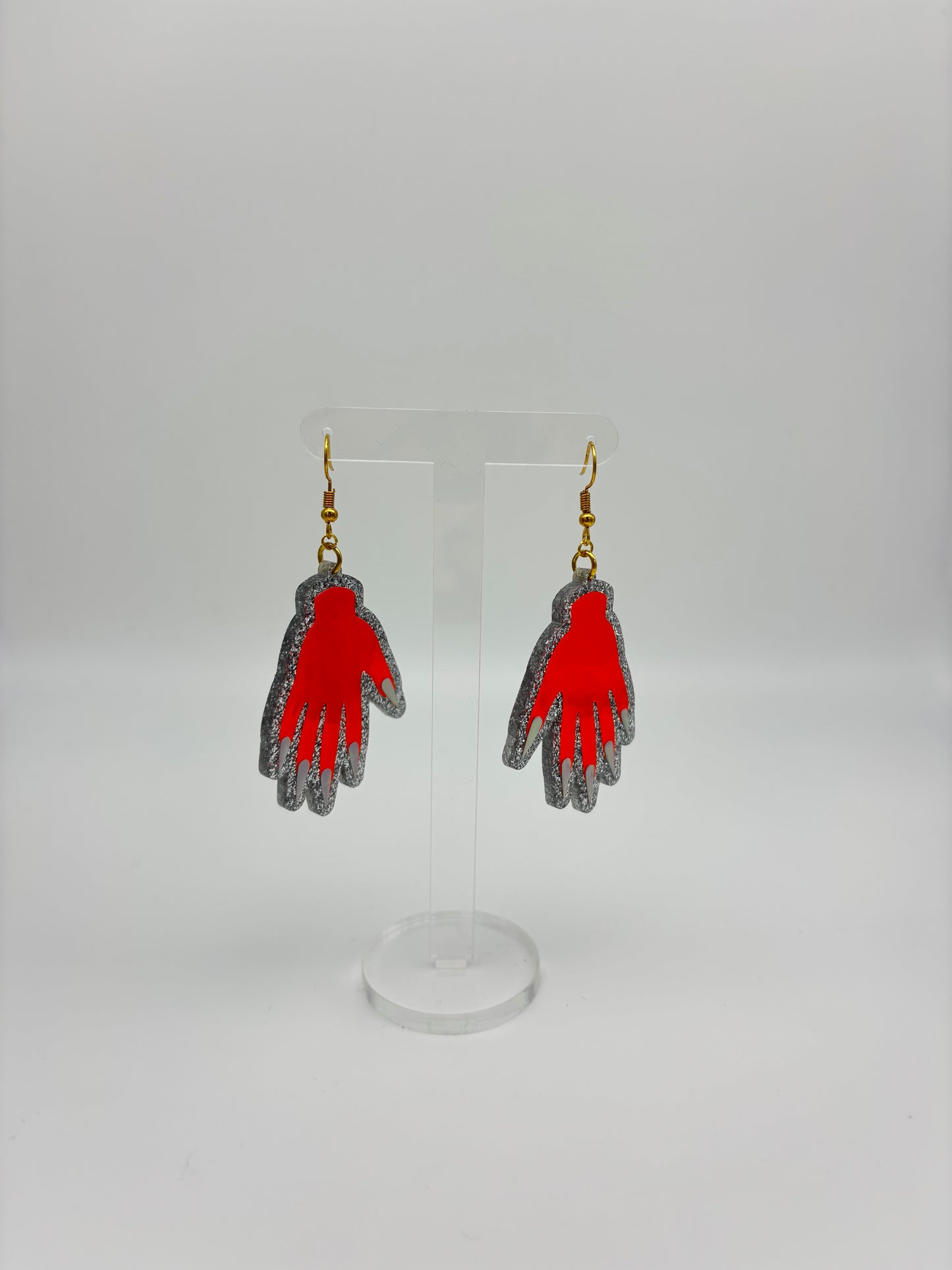 Sparkly Hand Acrylic Earrings - Orange Holo & Silver Glitter