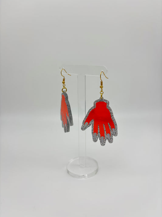 Sparkly Hand Acrylic Earrings - Orange Holo & Silver Glitter
