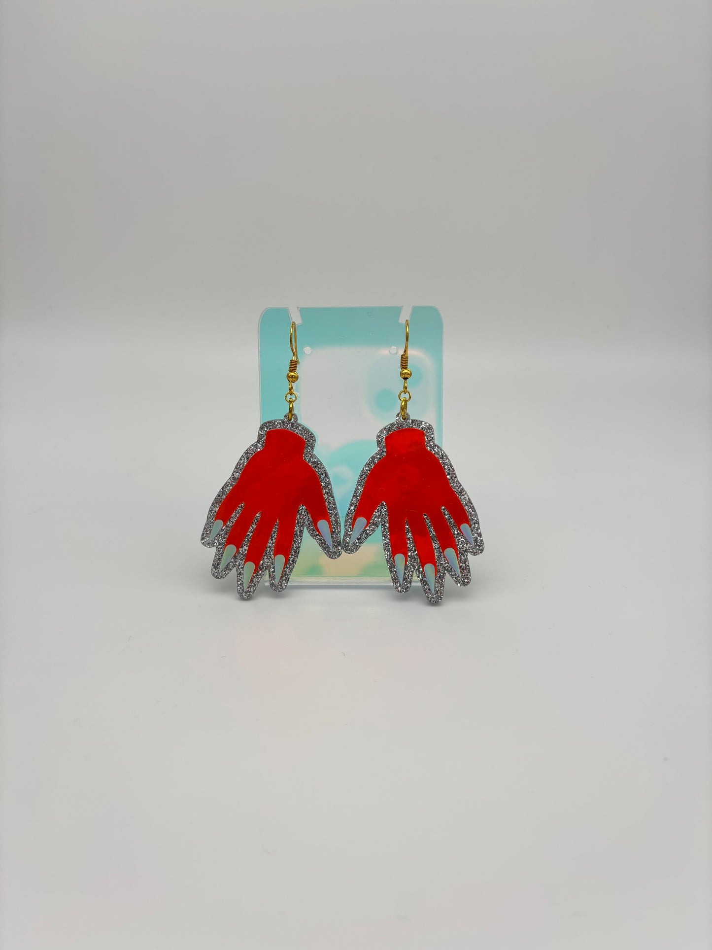 Sparkly Hand Acrylic Earrings - Orange Holo & Silver Glitter