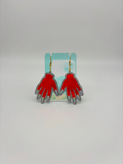 Sparkly Hand Acrylic Earrings - Orange Holo & Silver Glitter