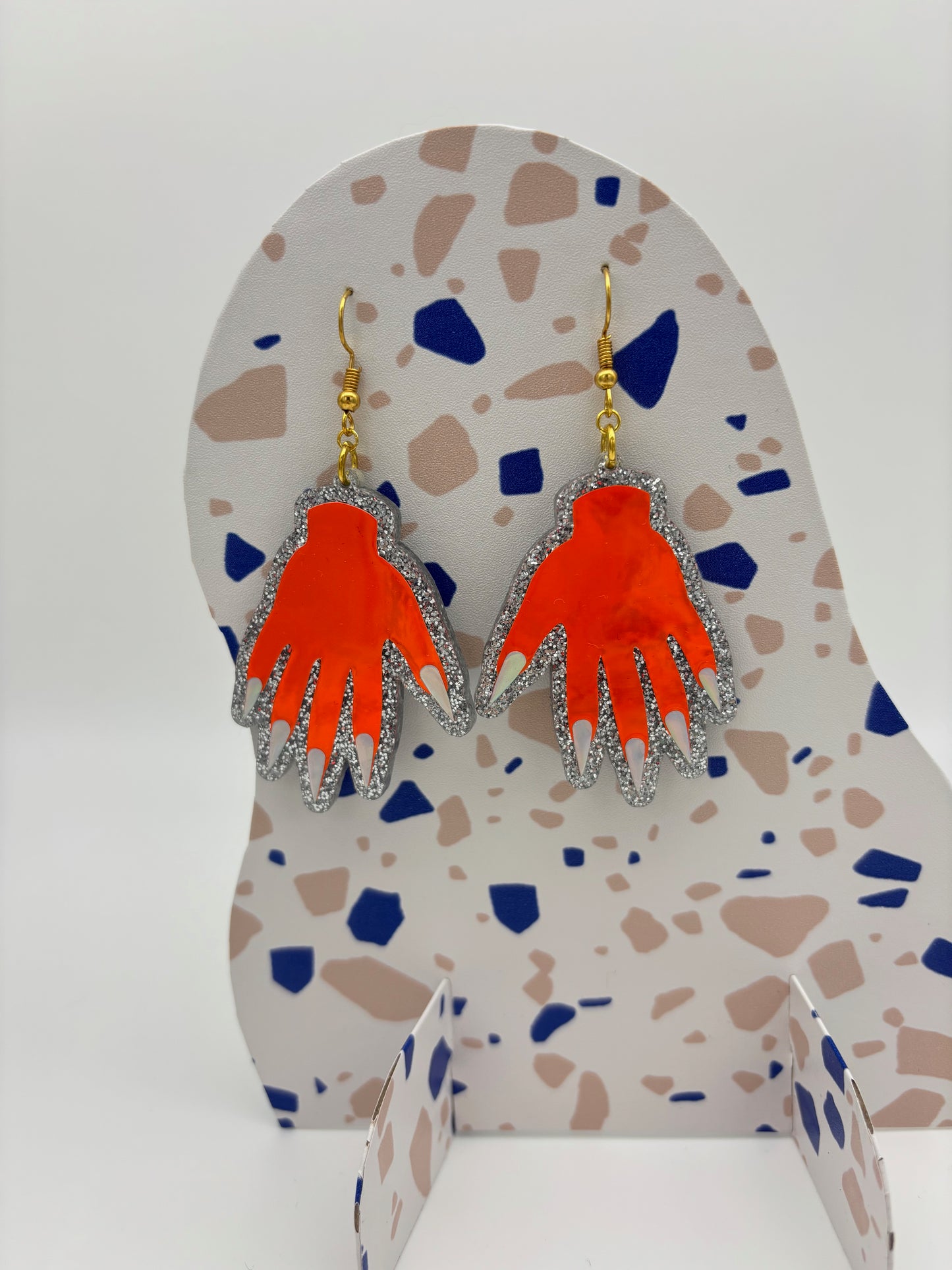 Sparkly Hand Acrylic Earrings - Orange Holo & Silver Glitter