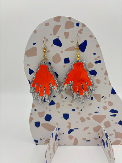 Sparkly Hand Acrylic Earrings - Orange Holo & Silver Glitter