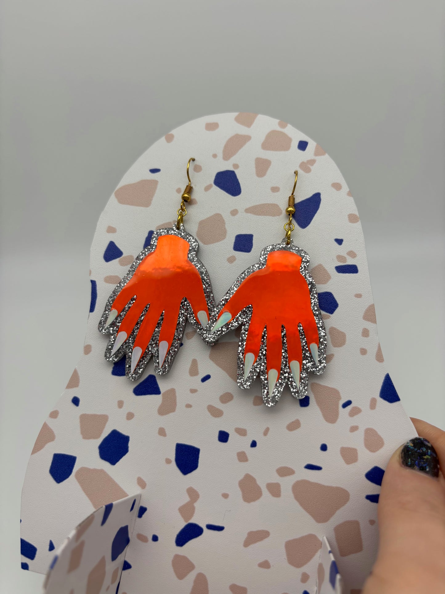 Sparkly Hand Acrylic Earrings - Orange Holo & Silver Glitter