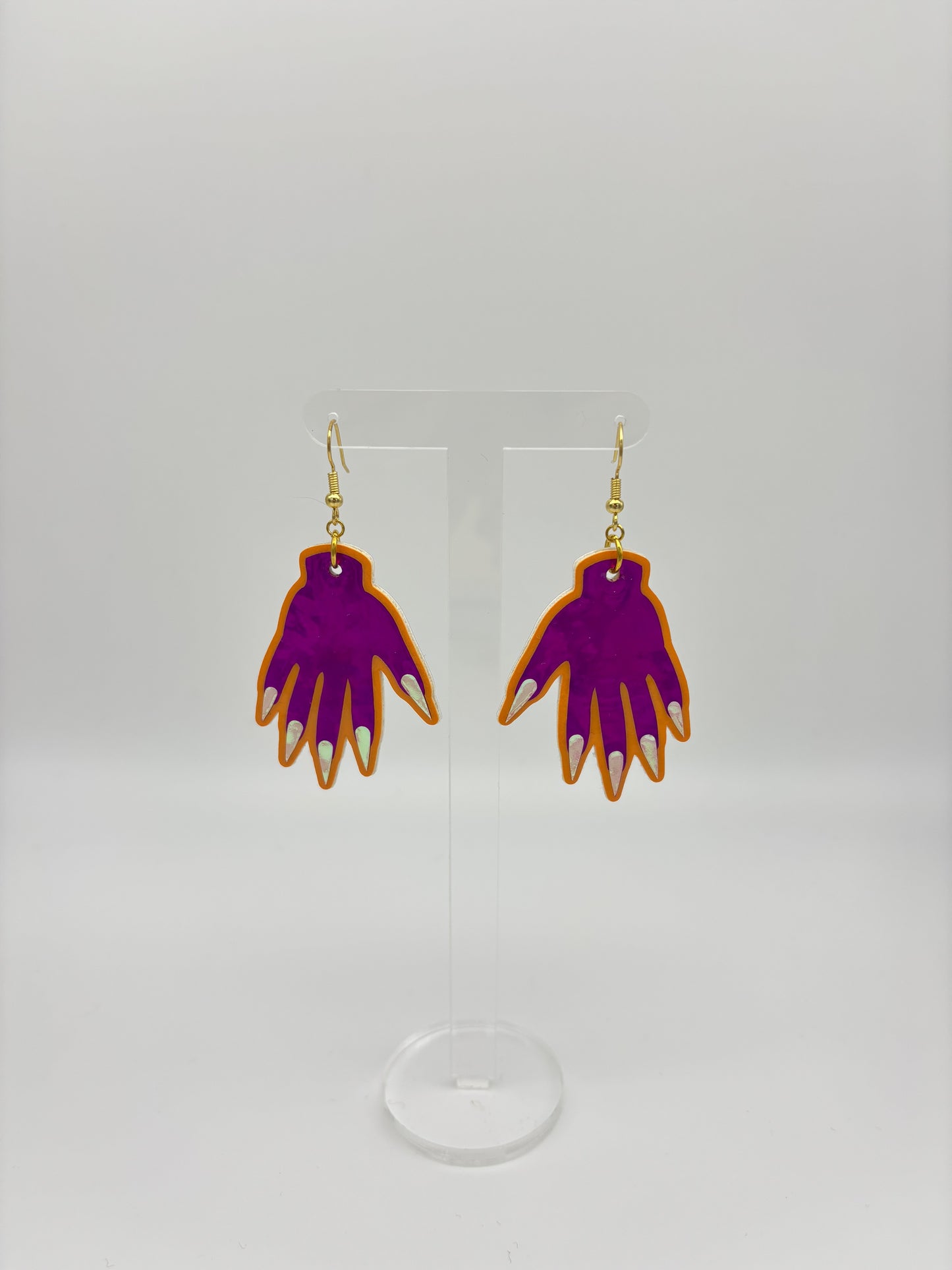 Sparkly Hand Earrings - Magenta Holo & Orange