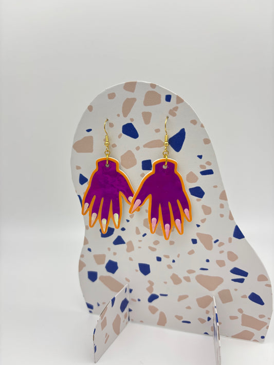 Sparkly Hand Earrings - Magenta Holo & Orange