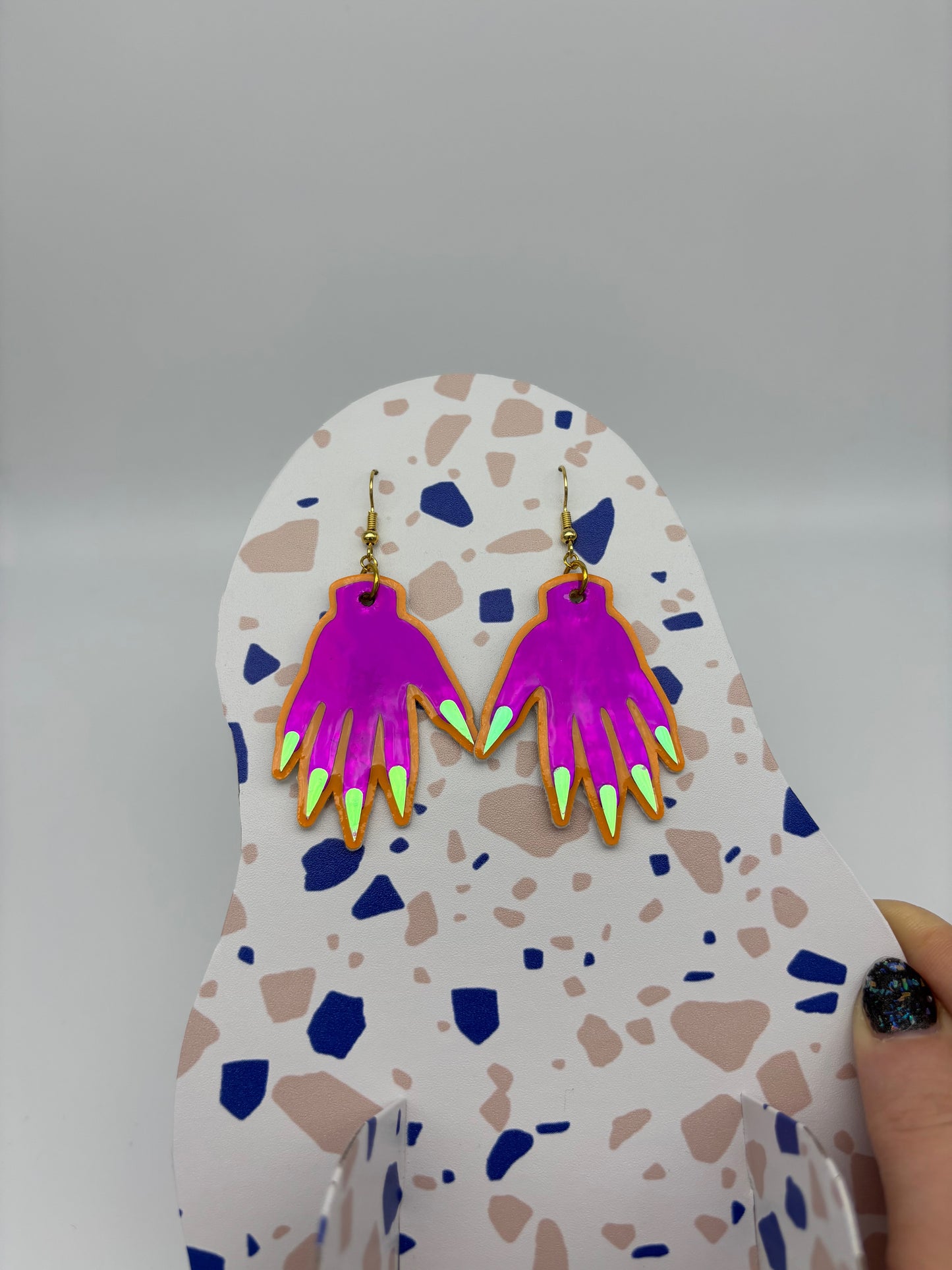 Sparkly Hand Earrings - Magenta Holo & Orange