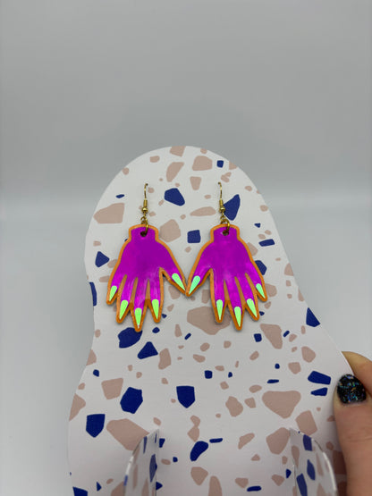 Sparkly Hand Earrings - Magenta Holo & Orange