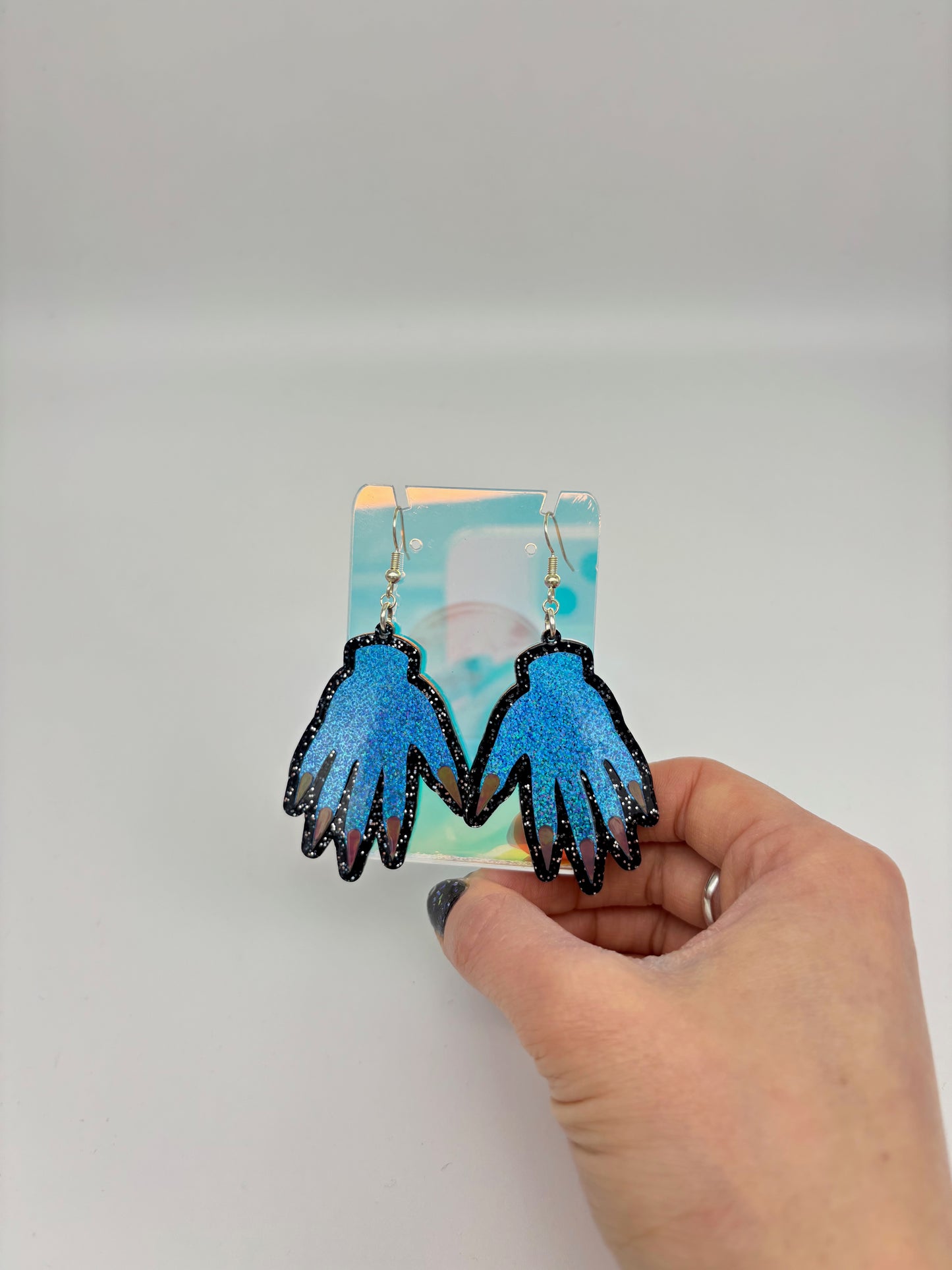 Sparkly Hand Acrylic Earrings - Blue & Black Glitter