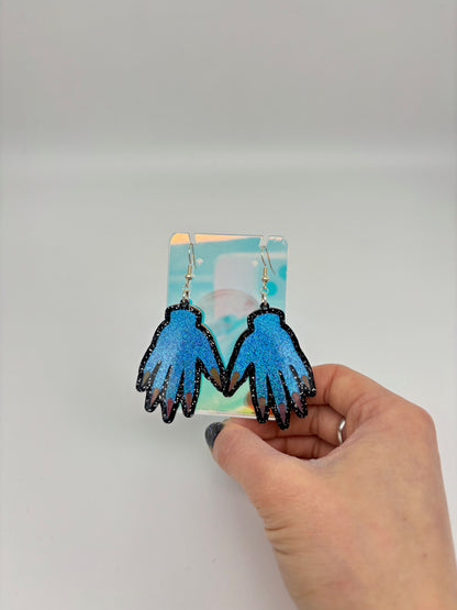 Sparkly Hand Acrylic Earrings - Blue & Black Glitter