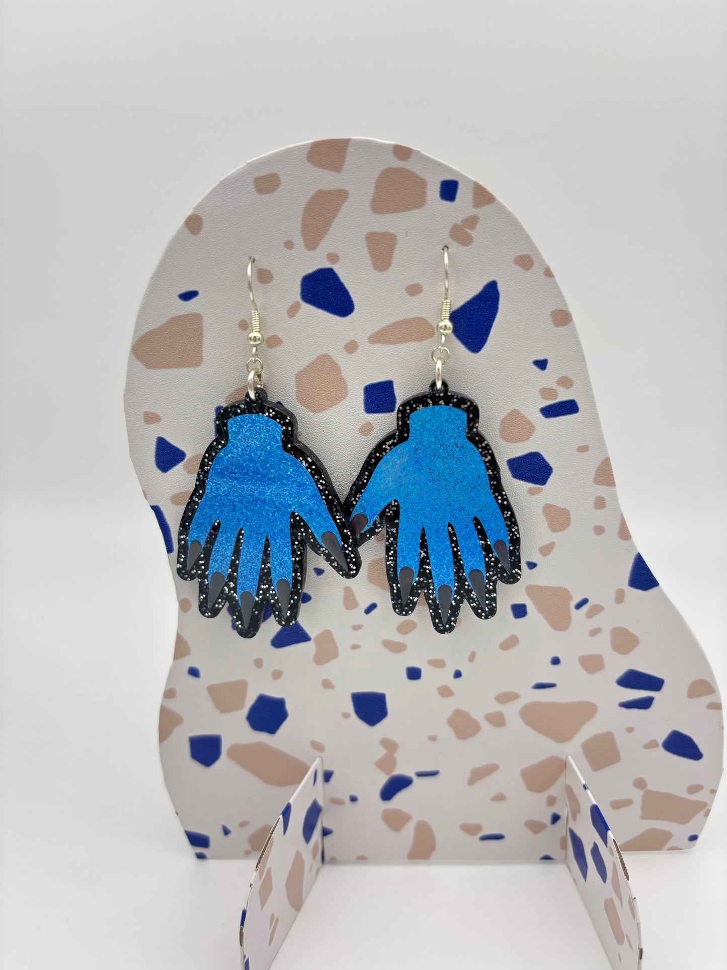 Sparkly Hand Acrylic Earrings - Blue & Black Glitter