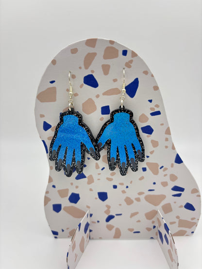 Sparkly Hand Acrylic Earrings - Blue & Black Glitter