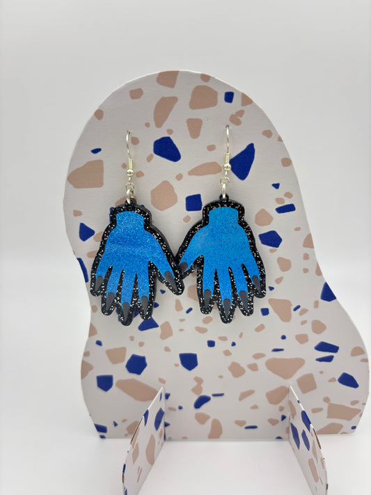 Sparkly Hand Acrylic Earrings - Blue & Black Glitter